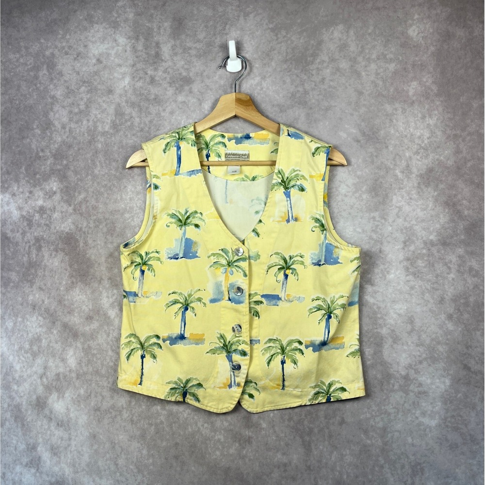VTG 90s Coldwater Creek Palm Tree Print Vest‎ Sleeveless Top Yellow Tropical